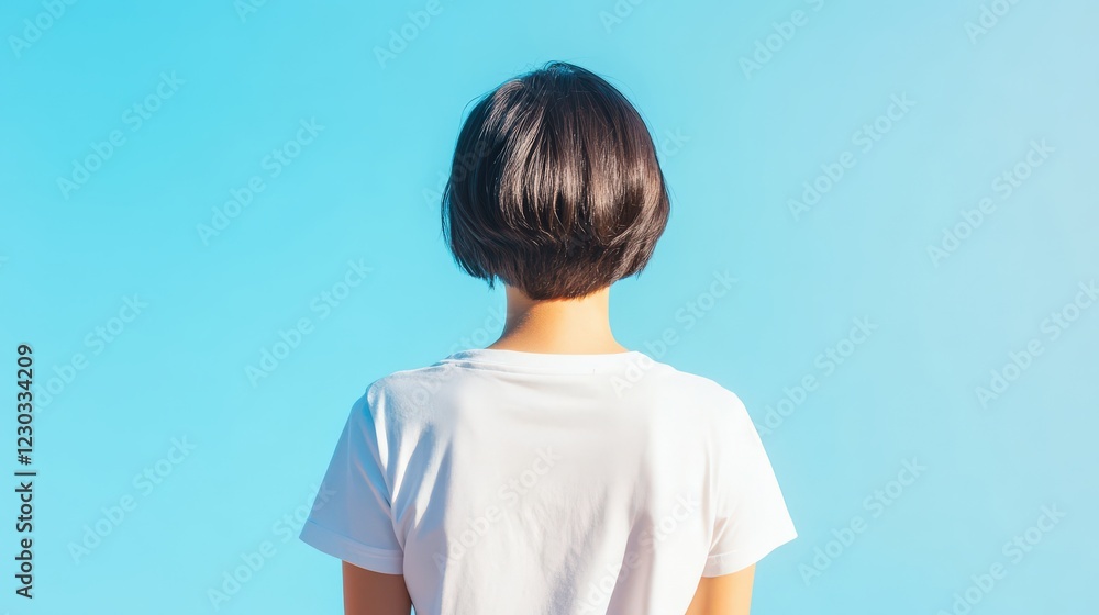 Woman Facing Away Wearing White T Shirt Against Blue Sky Woman Facing Away Wearing White T Shirt Against Blue Sky