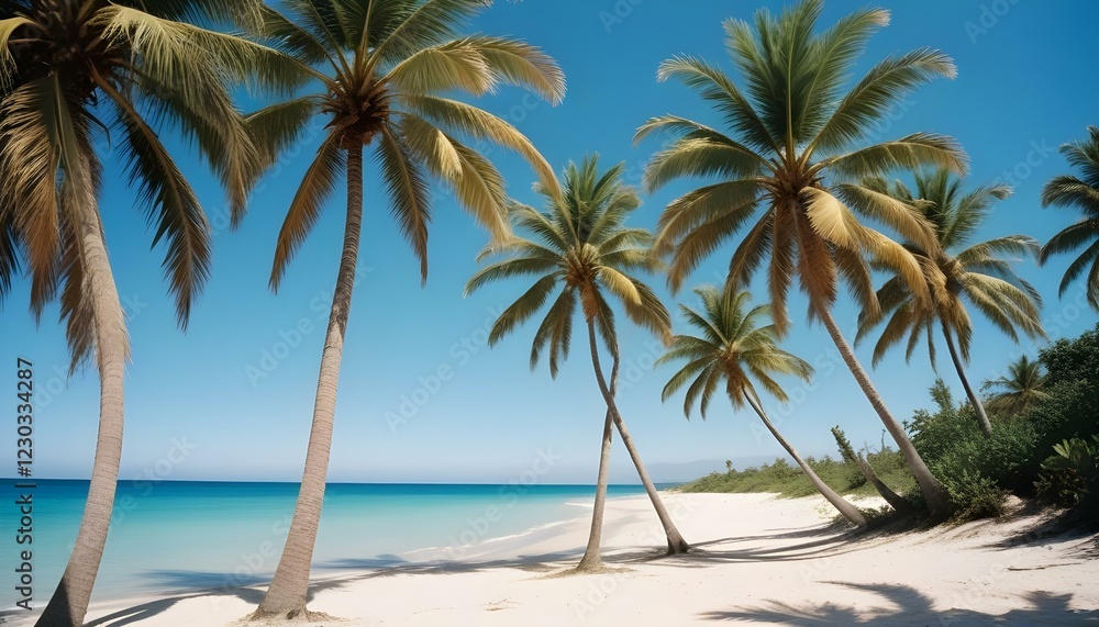 Una playa tropical con palmeras, un cielo azul claro y una orilla arenosa Una playa tropical con palmeras, un cielo azul claro y una orilla arenosa