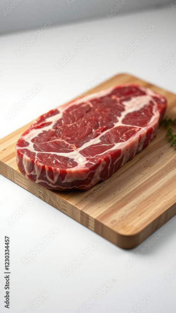 Raw beef steak with marbling on a cutting board, meat cutting, high-quality raw meat, marbling, beef steak on board, butcher shop Raw beef steak with marbling on a cutting board, meat cutting, high-quality raw meat, marbling, beef steak on board, butcher shop