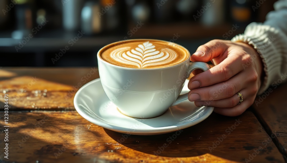 A hand holds a beautifully crafted latte with a leaf design on top. A hand holds a beautifully crafted latte with a leaf design on top.