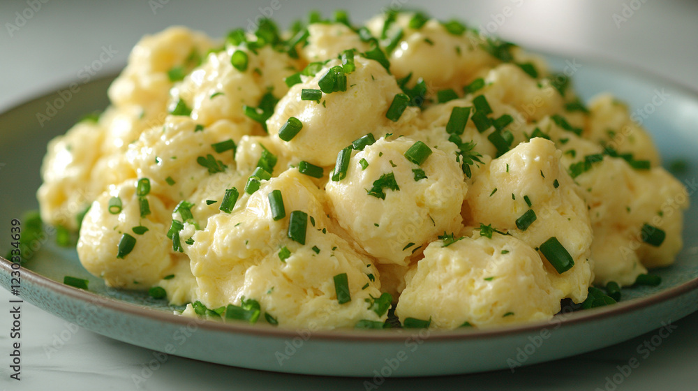 Fluffy scrambled eggs on a white plate symbolize simplicity and comfort in breakfast cuisine with minimalistic bright tone and blurred empty caption space on the side Fluffy scrambled eggs on a white plate symbolize simplicity and comfort in breakfast cuisine with minimalistic bright tone and blurred empty caption space on the side