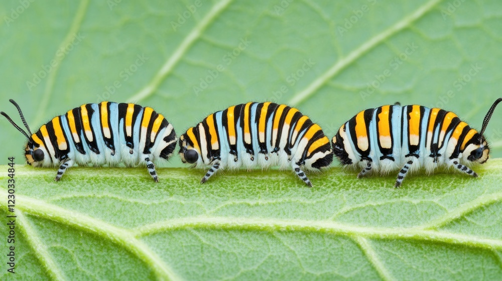 Fototapeta premium Three black, yellow, and white striped caterpillars crawl in a row on a green leaf.