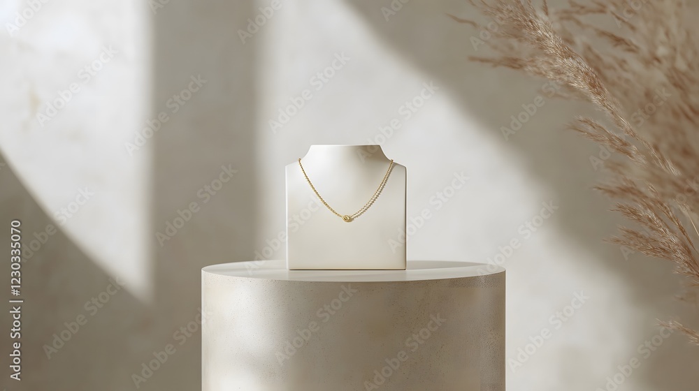Elegant gold necklace display on minimalistic pedestal with soft light