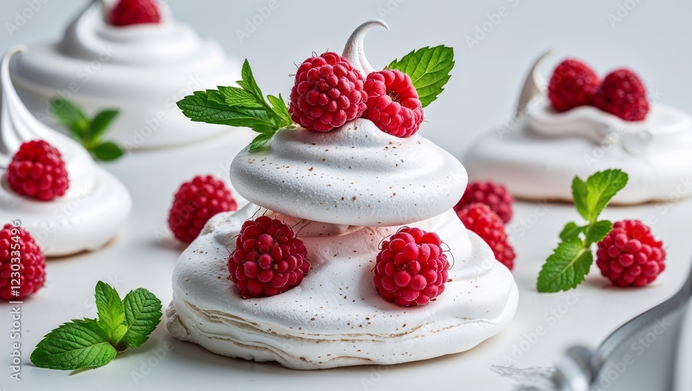 Delicious Meringue Dessert Topped with Three Fresh Red Raspberries, Isolated on a Clean White Background Delicious Meringue Dessert Topped with Three Fresh Red Raspberries, Isolated on a Clean White Background