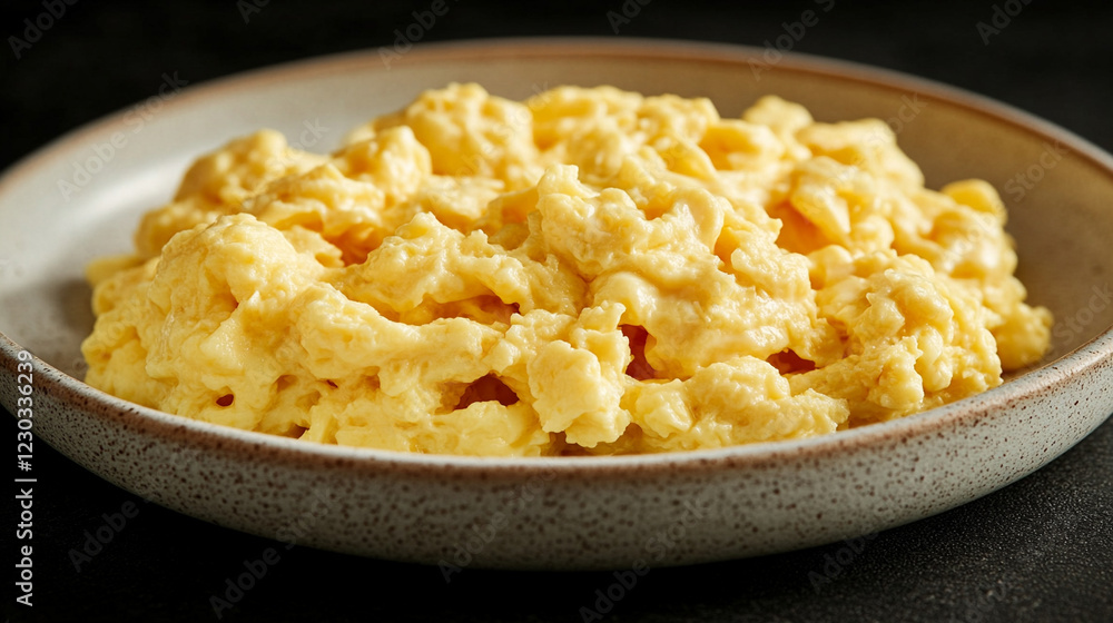 Fluffy scrambled eggs on a white plate symbolize simplicity and comfort in breakfast cuisine with minimalistic bright tone and blurred empty caption space on the side Fluffy scrambled eggs on a white plate symbolize simplicity and comfort in breakfast cuisine with minimalistic bright tone and blurred empty caption space on the side