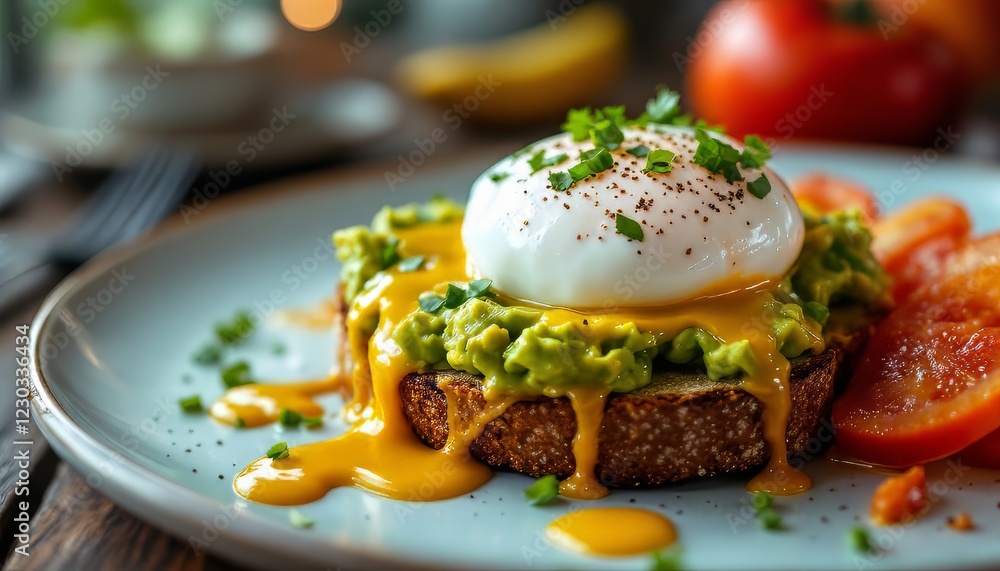 Delicious avocado toast topped with poached egg and fresh tomatoes on a rustic plate. Delicious avocado toast topped with poached egg and fresh tomatoes on a rustic plate.