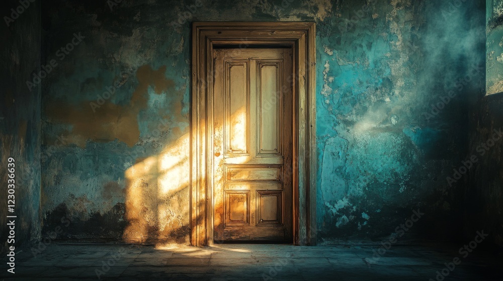 Sunlit Old Door in Abandoned Building Sunlit Old Door in Abandoned Building