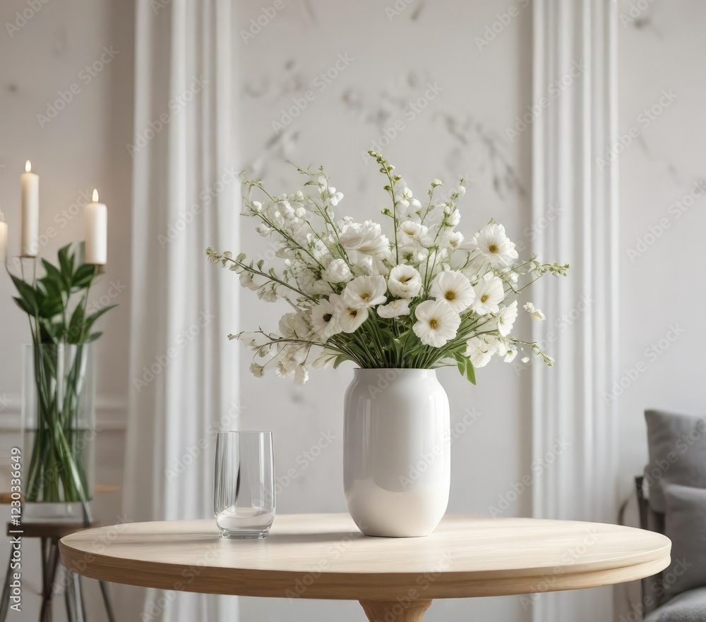 Round white frame and tall glass vase on table with chic arrangement, contemporary design, interior inspiration, minimalist elegance, smooth lines, modern home decor