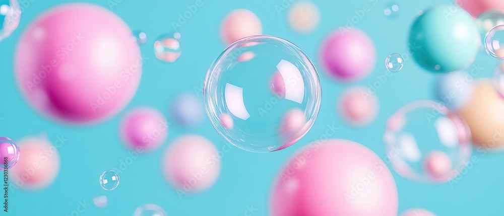 A colorful array of bubbles and spheres floats against a soft blue background, creating a whimsical and cheerful atmosphere. A colorful array of bubbles and spheres floats against a soft blue background, creating a whimsical and cheerful atmosphere.