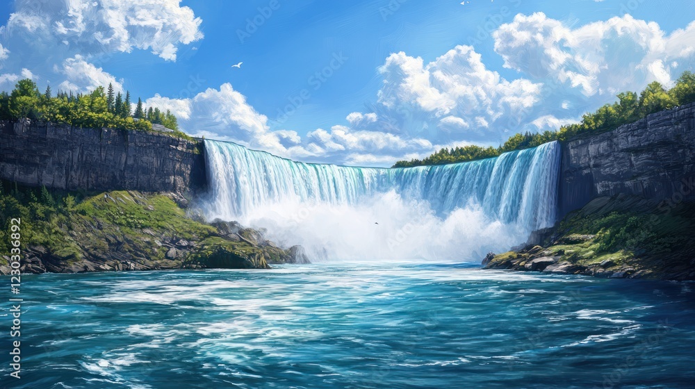 Fototapeta premium Majestic waterfall cascading, sunny sky, lush greenery, calm river. Tourism brochure