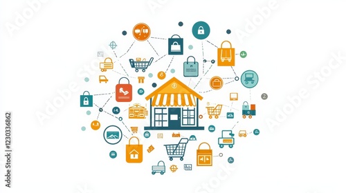 Interconnected Shopping Icons with Secure Transactions and Storefront
