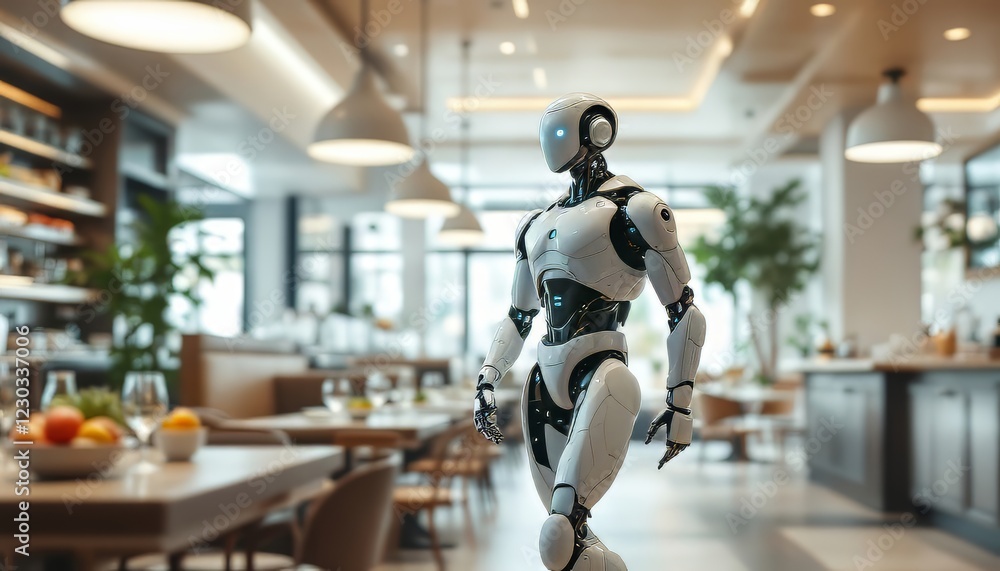 Futuristic humanoid robot walking through a modern restaurant setting. Futuristic humanoid robot walking through a modern restaurant setting.