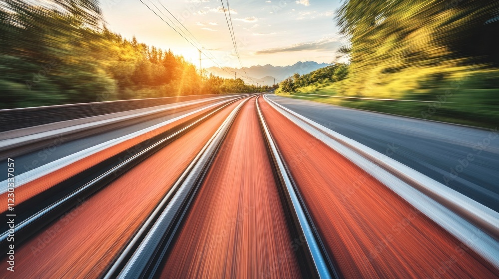 High-speed motion blur of a road through a forest landscape at sunset. High-speed motion blur of a road through a forest landscape at sunset.