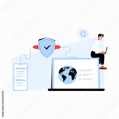 Man Sitting On Laptop With Cybersecurity Shield In Flat Vector Illustration Symbolizing Online Safety, Data Protection, And IT Security, Isolated On White Background