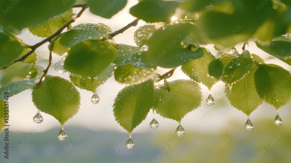 Dewdrops hanging from fresh green leaves in sunlight. Dewdrops hanging from fresh green leaves in sunlight.