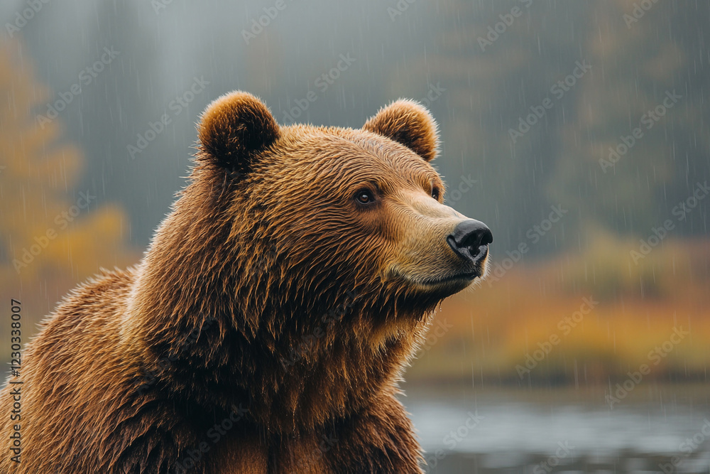 Obraz premium Grizzly Bear In Rain Autumnal Setting