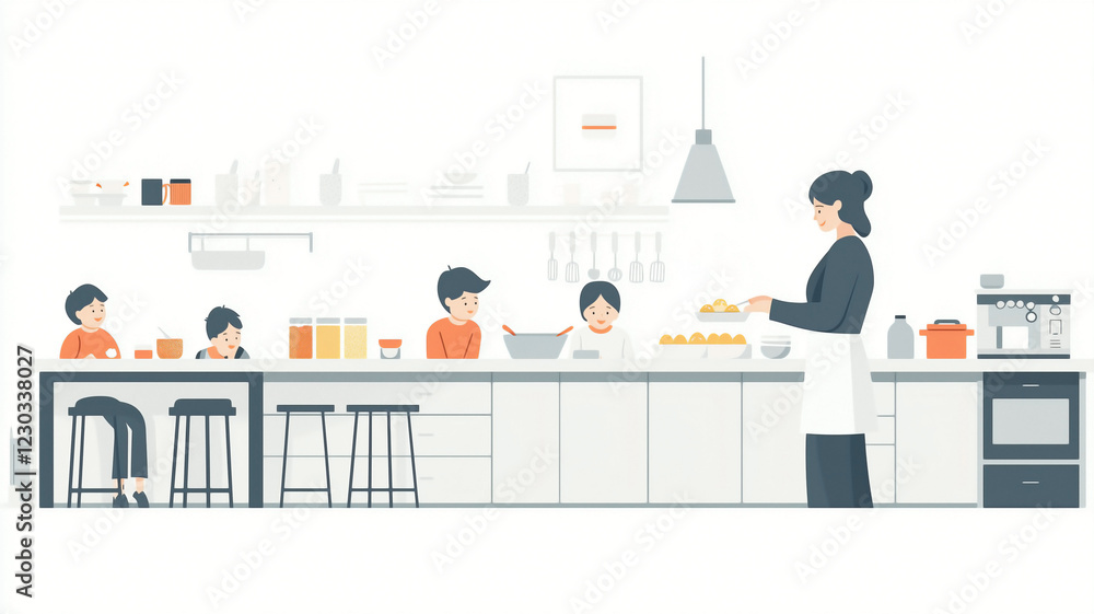 Obraz premium Minimalist Mother Preparing Breakfast in Modern Kitchen, Calm and Functional Family Scene