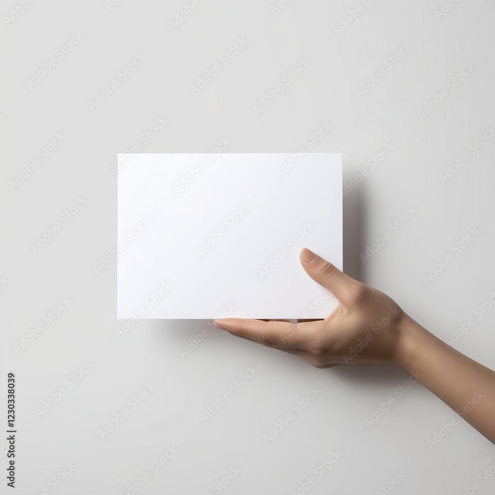Obraz premium A hand holds a blank white card mockup against a minimalist background, emphasizing simplicity and potential for creativity.