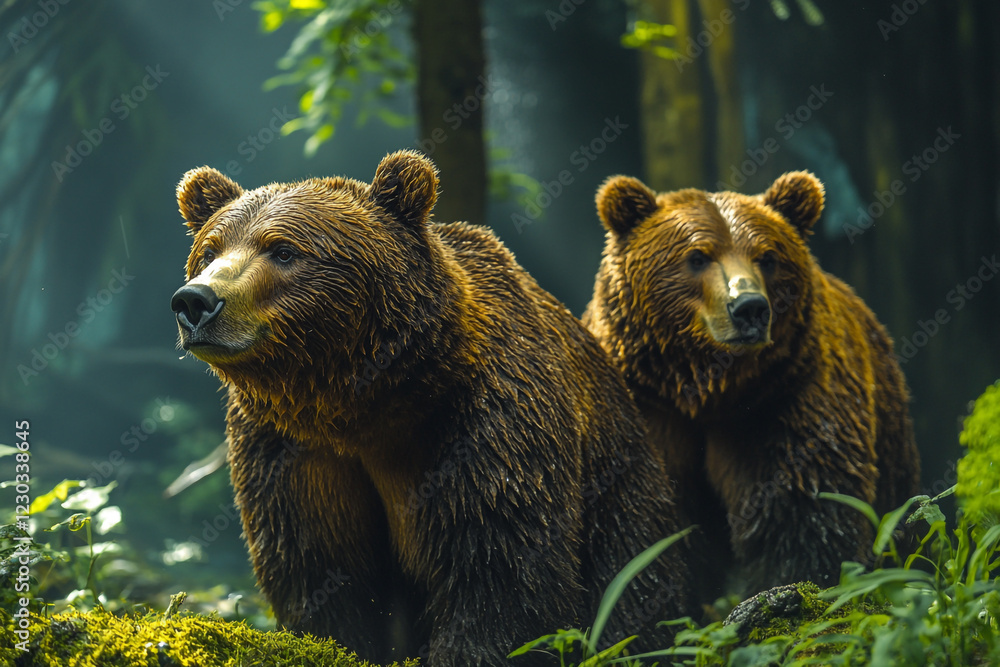 Obraz premium Two Brown Bears in a Lush Forest Setting