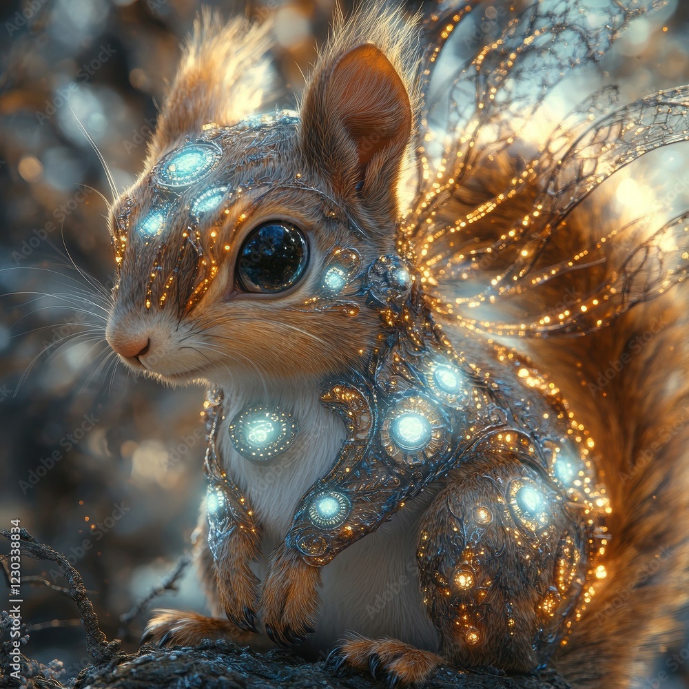 Obraz premium A glowing, ethereal squirrel in a blue light is surrounded by tiny dancing sparks and contrasting snowflakes or crystalline structures The image exudes serenity and magic, reminiscent - AI-generated