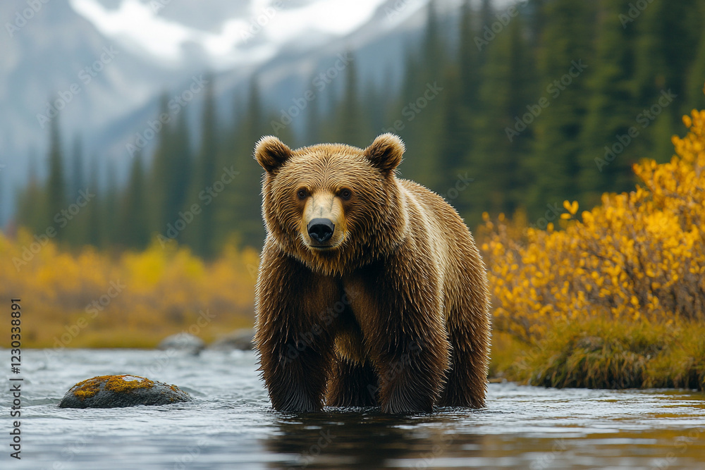 Obraz premium Grizzly Bear Wading Through Autumn River Landscape