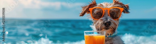 A dog with orange sunglasses and a glass of orange juice enjoys a sunny day at the beach The vibrant ocean view and ample copy space make this image perfect for summer