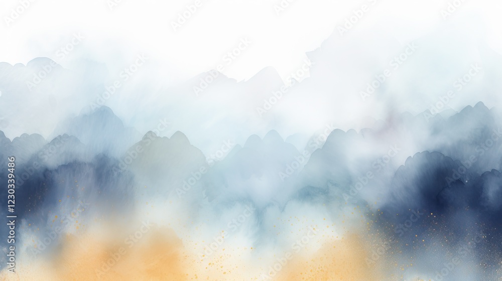 Fototapeta premium A serene watercolor landscape featuring soft hues of blue, gray, and hints of warm orange, evoking a tranquil and dreamy atmosphere.