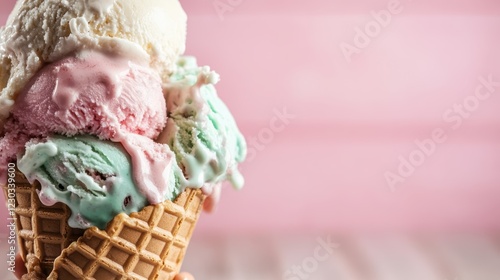 A tempting ice cream cone stacked high with three delicious flavors, showcasing vibrant colors and creamy textures that invite you to indulge in a sweet treat. photo