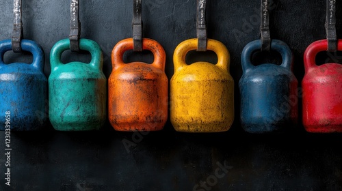 This image features a row of vibrant kettlebells in varying colors. They symbolize strength training and fitness, appealing to gym enthusiasts and trainers alike. photo