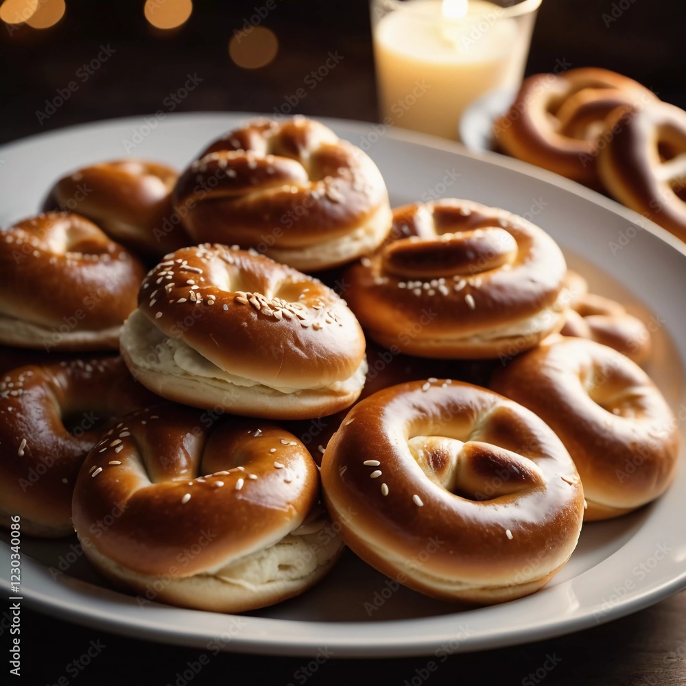 In a warm kitchen filled with the aroma of freshly baked goods, sesame bagel buns are braided and prepared on a wooden surface, showcasing their golden brown crust and rich texture. Generative AI In a warm kitchen filled with the aroma of freshly baked goods, sesame bagel buns are braided and prepared on a wooden surface, showcasing their golden brown crust and rich texture. Generative AI