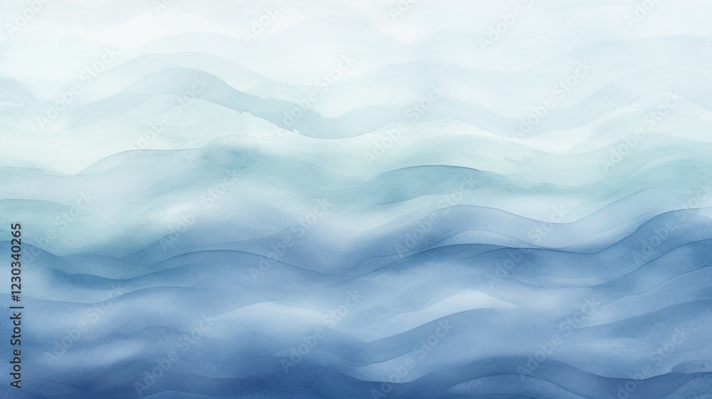 A serene abstract watercolor depiction of soft blue and white waves, conveying calmness and tranquility. A serene abstract watercolor depiction of soft blue and white waves, conveying calmness and tranquility.