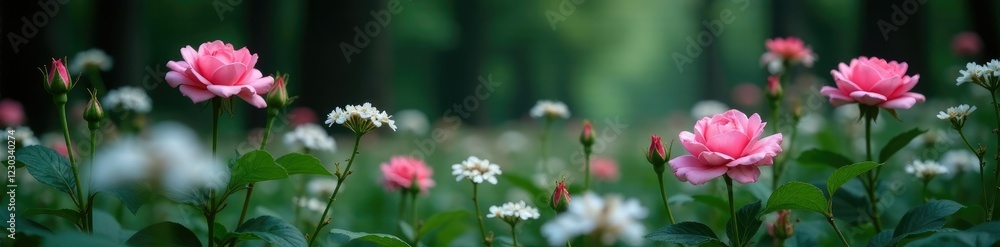 Shallow pink rose blooms in a bed of white valerian amidst a dark forest background, flowers, dark forest, landscape Shallow pink rose blooms in a bed of white valerian amidst a dark forest background, flowers, dark forest, landscape