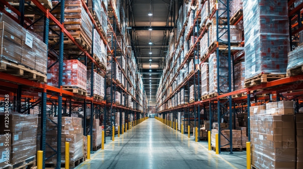 Fototapeta premium Warehouse Interior with Rows of Palletized Goods