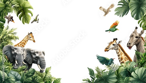 Fototapeta Naklejka Na Ścianę i Meble -  A jungle border with various animals like elephants, giraffes, and birds in green foliage
