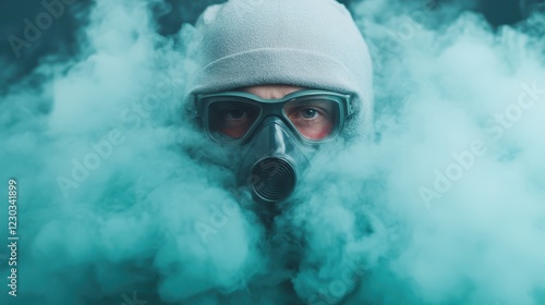 A person wearing a gas mask and beanie is surrounded by thick teal smoke, creating a mysterious atmosphere full of intrigue and suspense in this striking image. photo