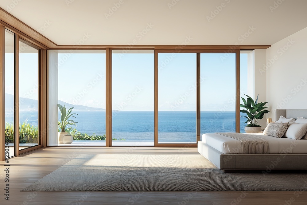Obraz premium Luxury accommodation offers breathtaking ocean views. A modern bedroom with large windows showcasing a serene ocean view, featuring minimalist decor and natural light.