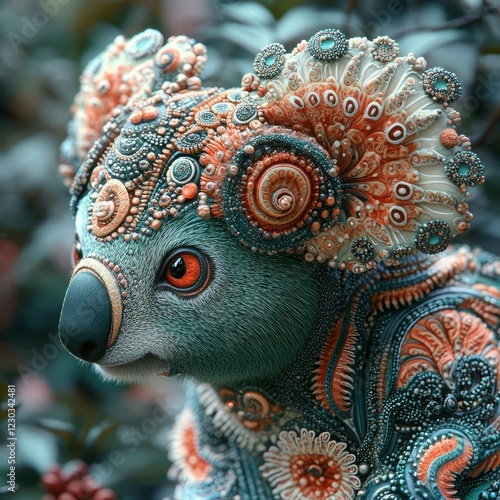 A vibrant, digitally painted artwork showcases an anthropomorphic blue-green-red koala, standing upright with a whimsical fantasy aesthetic The background suggests a lush, verdant envi - AI-generated photo