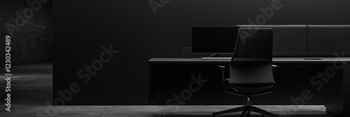 A minimalistic black office workspace highlighting modern design and productivity. photo