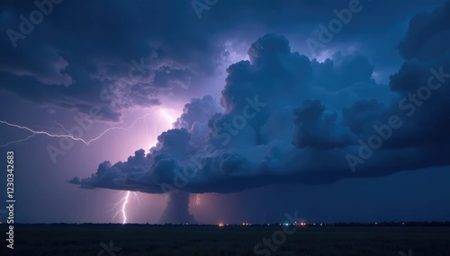 Stormy night skies with towering clouds and lightning flashing in the distance, toweringshadow, mist, gray photo