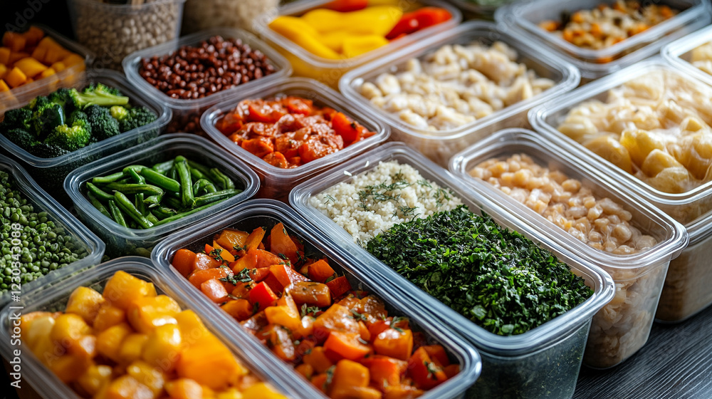 Healthy meal prep with fresh vegetables and grains in containers ideal for diet planning portion control minimalistic bright tone modern blurred background empty caption space Healthy meal prep with fresh vegetables and grains in containers ideal for diet planning portion control minimalistic bright tone modern blurred background empty caption space