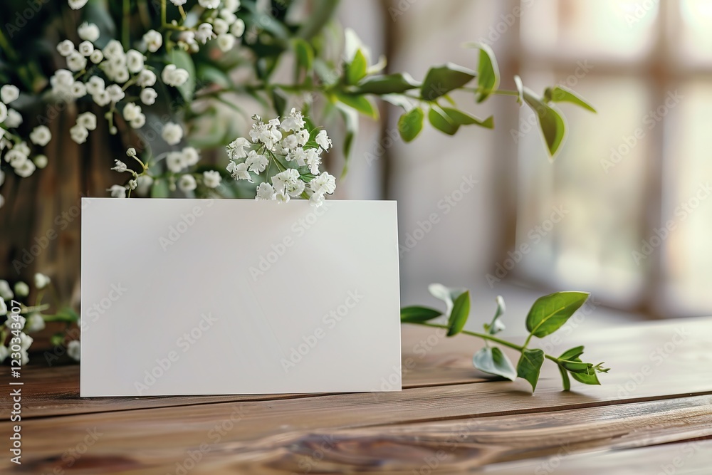 A blank card mockup surrounded by delicate flowers and greenery on a rustic wooden table, offering a serene and inviting atmosphere. A blank card mockup surrounded by delicate flowers and greenery on a rustic wooden table, offering a serene and inviting atmosphere.