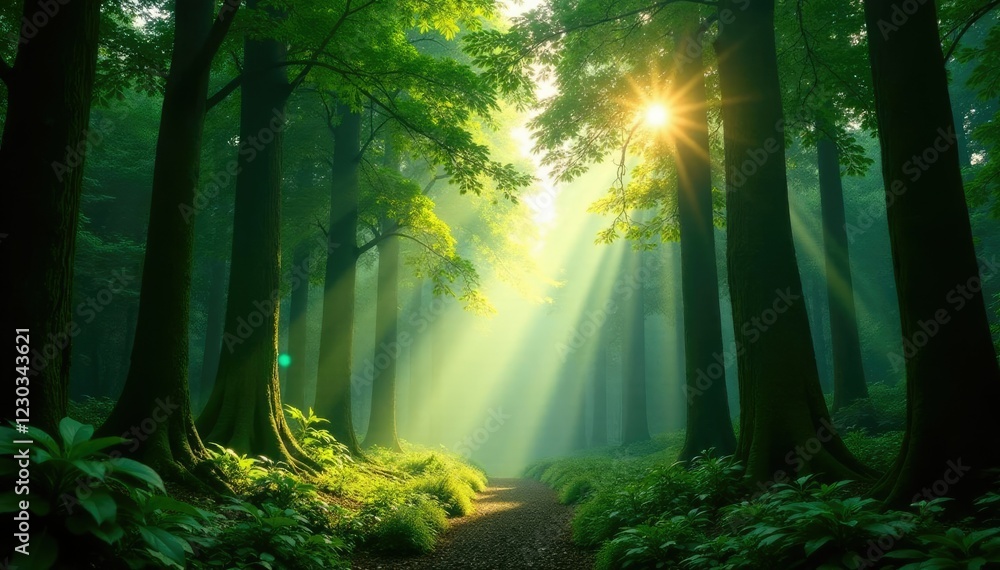 Fototapeta premium Tall trees block sunlight filtering through temple leaves, filter, jungle, vegetation