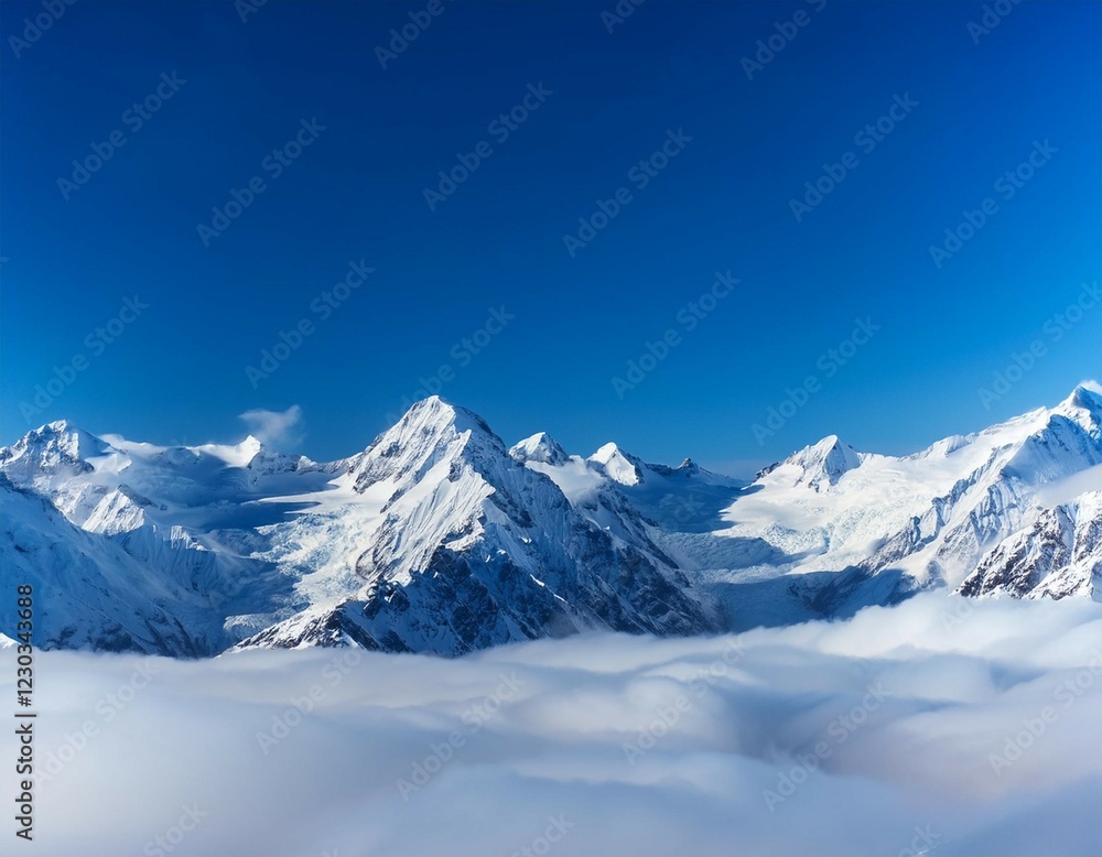 majestic snow covered mountains rise above sea of clouds under clear blue sky majestic snow covered mountains rise above sea of clouds under clear blue sky