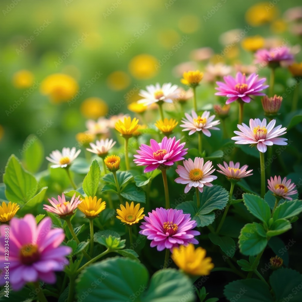 A cascade of wildflowers spilling over a cassava leaf patch, nature, flowers, meadow A cascade of wildflowers spilling over a cassava leaf patch, nature, flowers, meadow