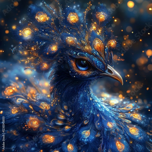 A majestic peacock, resplendent with spread feathers in blues and greens, stands against a captivating and enigmatic background, surrounded by an ethereal glow - AI-generated photo