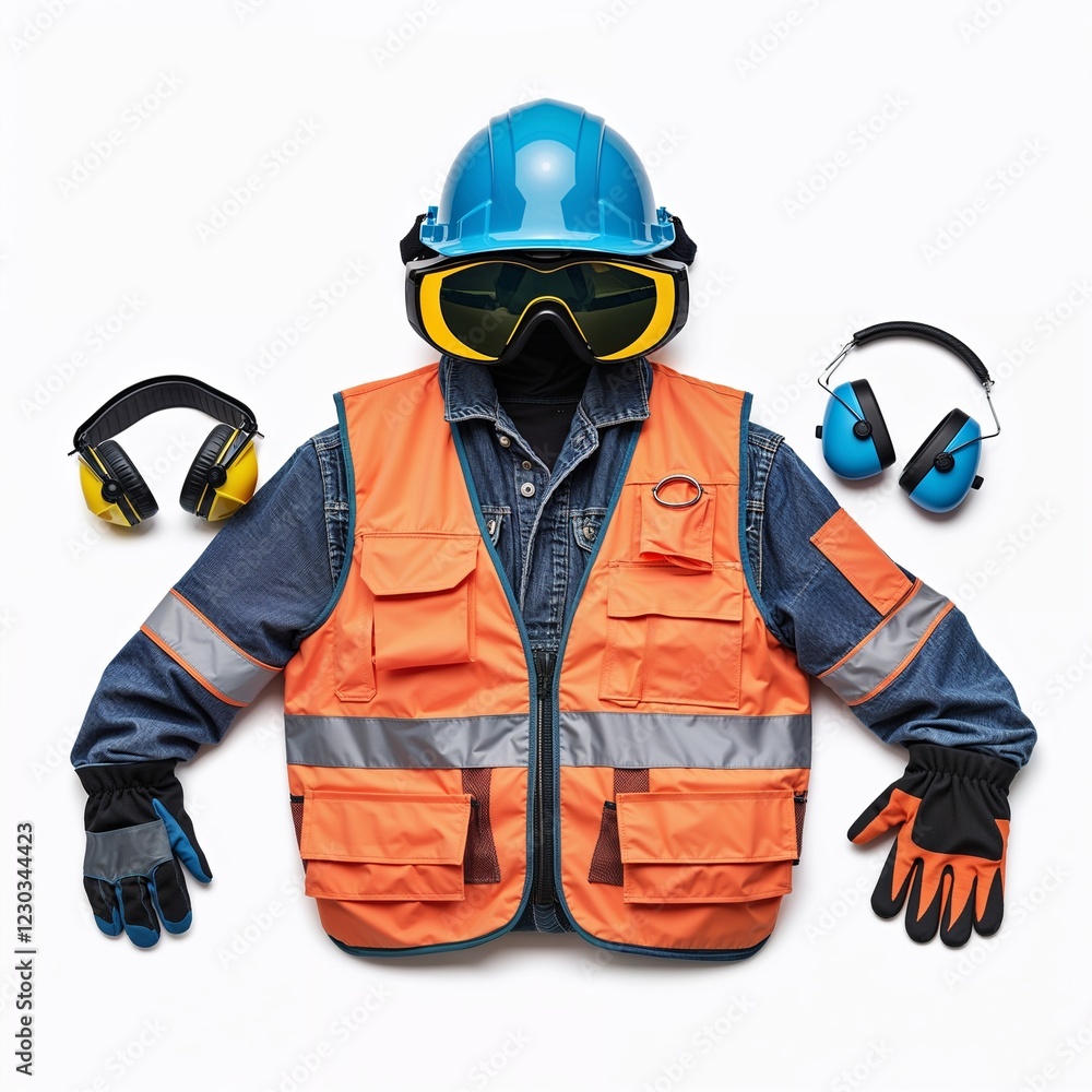 Naklejka premium Essential Safety Equipment Including Helmet, Goggles, and Ear Protection for Maximum Workplace and Personal Safety