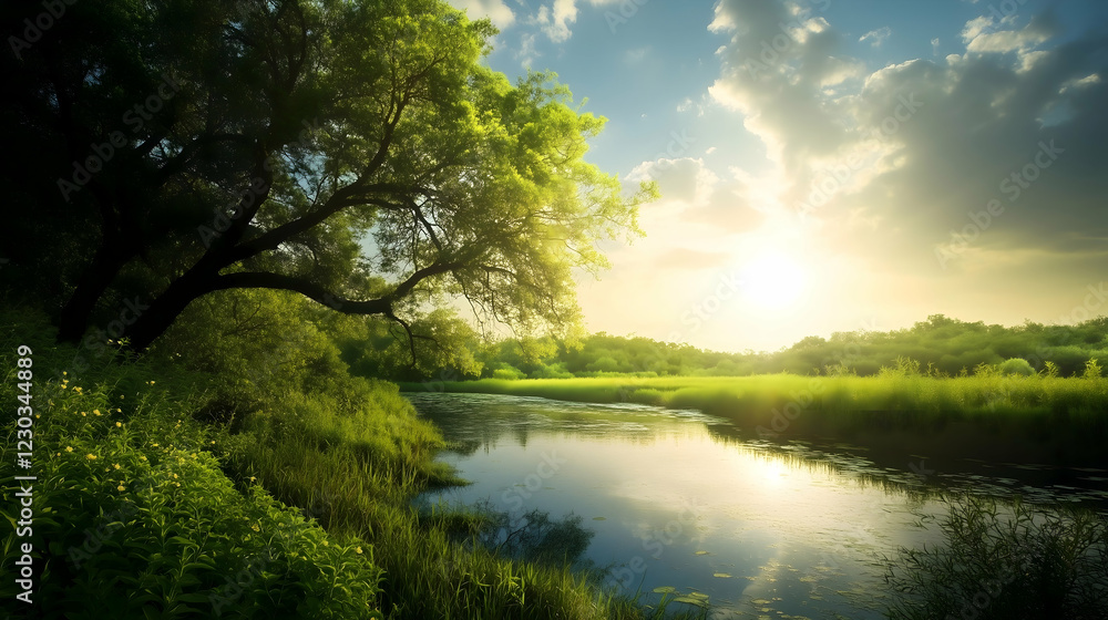 A beautiful, serene scene of a river with a tree in the foreground A beautiful, serene scene of a river with a tree in the foreground