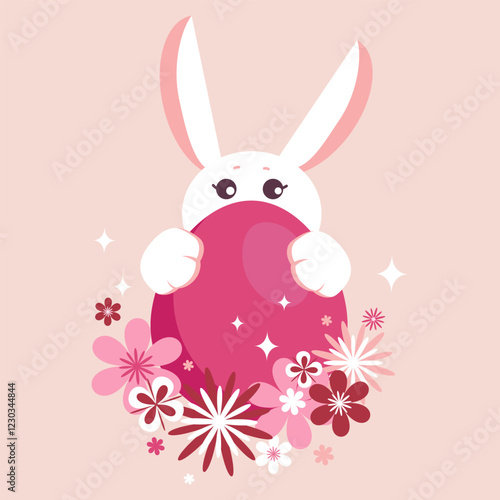 Bunny holding a pink Easter egg surrounded by flowers and glittering details. Perfect for greeting cards, holiday designs, children's illustrations and decorations. Vector