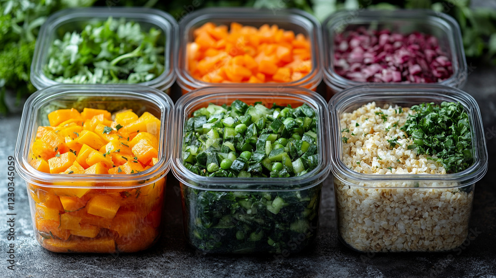 Healthy meal prep with fresh vegetables and grains in containers ideal for diet planning portion control minimalistic bright tone modern blurred background empty caption space Healthy meal prep with fresh vegetables and grains in containers ideal for diet planning portion control minimalistic bright tone modern blurred background empty caption space