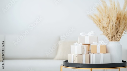Wallpaper Mural Gifts of Celebration:  A minimalist arrangement of elegant wrapped gifts with white ribbon adorn a black tray atop a gold coffee table, set against the backdrop of a plush, inviting living space.   Torontodigital.ca